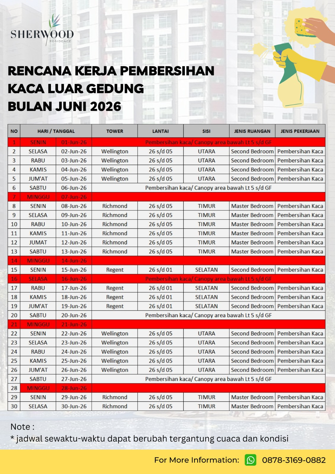WORK PLAN FOR EXTERNAL GLASS CLEANING OF THE BUILDING IN JUNE 2026
